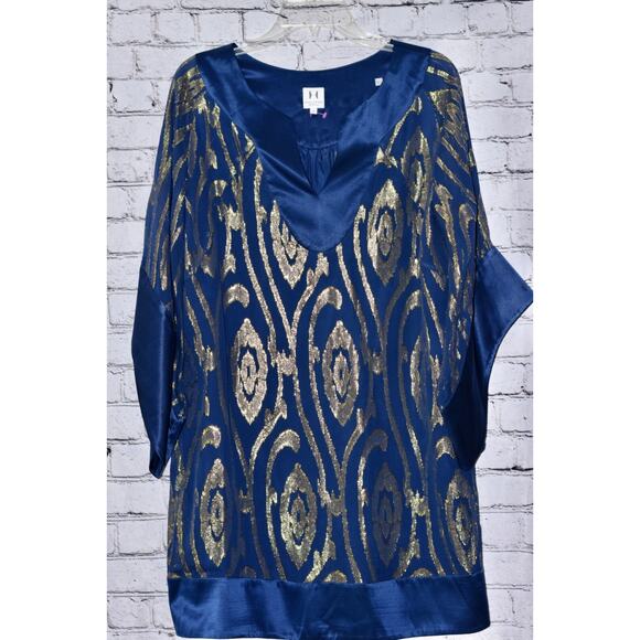 HALSTON Heritage Blouson Navy & Gold Metallic Brocade Mini Dress or Tunic - Picture 1 of 7